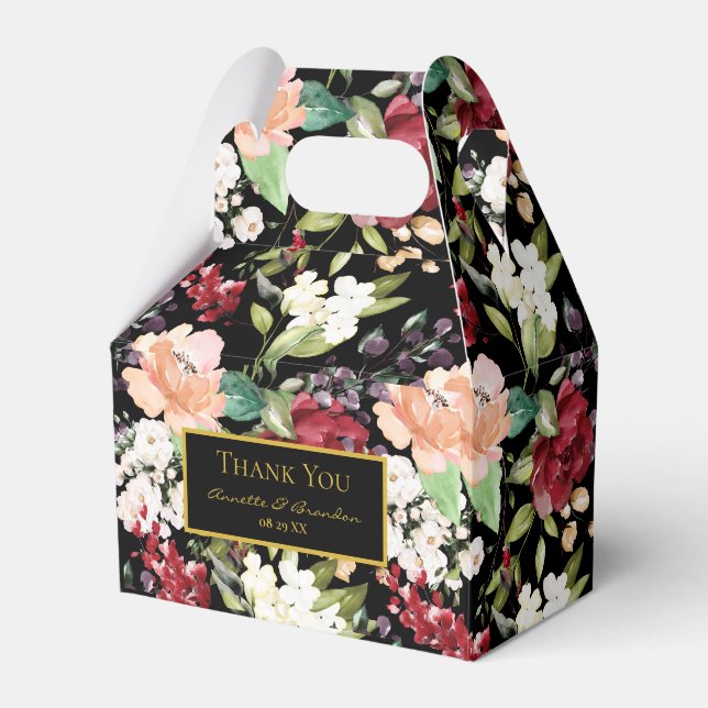 Elegantes Black Gold Burgundy Blush Floral Muster Geschenkschachtel (Vorderseite)