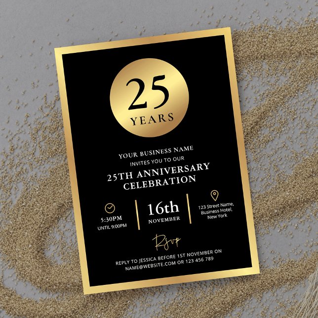 Elegantes Black & Gold Business Jubiläum Einladung (Elegant black and gold Business Birthday Invitation with fully editable text, perfect for your party)