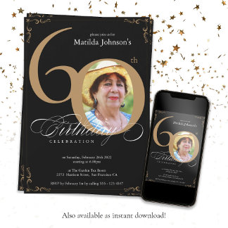 Elegantes Black Gold Calligraphy Foto 60. Geburtst Einladung
