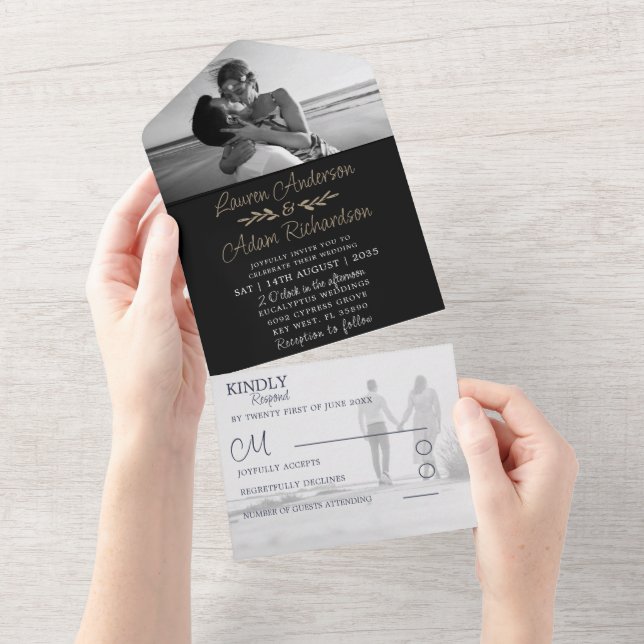 Elegantes Black & Gold Calligraphy Foto Hochzeit All In One Einladung (Abreißen)