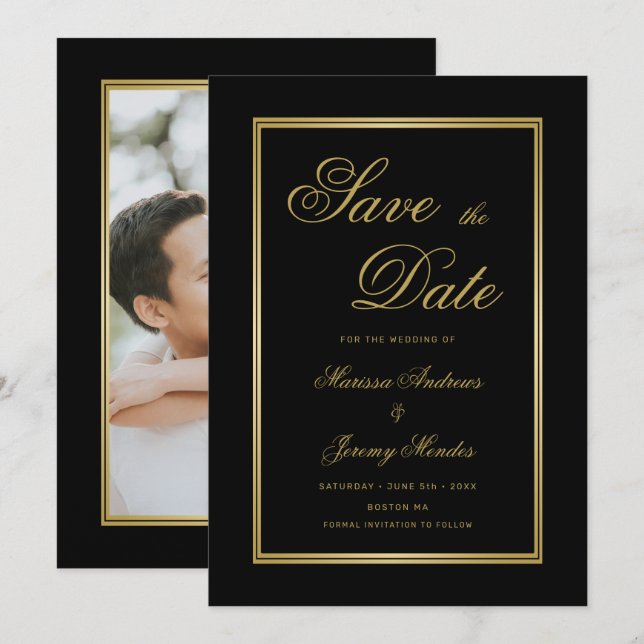 Elegantes Black Gold Calligraphy Foto Save the Dat Einladung (Vorne/Hinten)