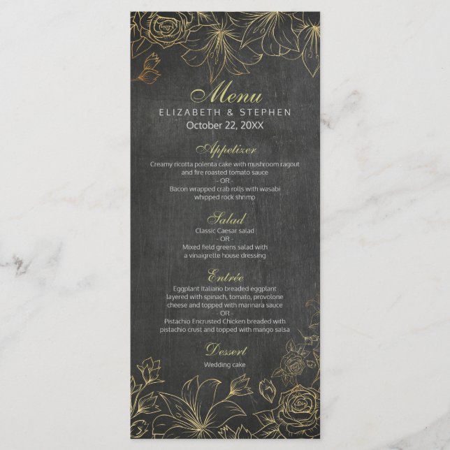 Elegantes Black Gold Chalkboard Blumenmenü Menükarte (Vorderseite)