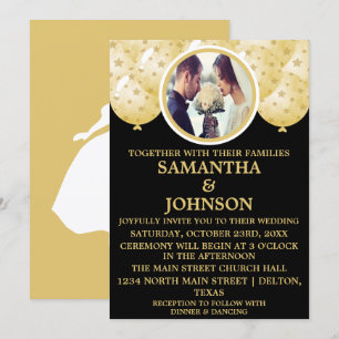 Elegantes Black Gold Confetti Balloons Foto Hochze Einladung