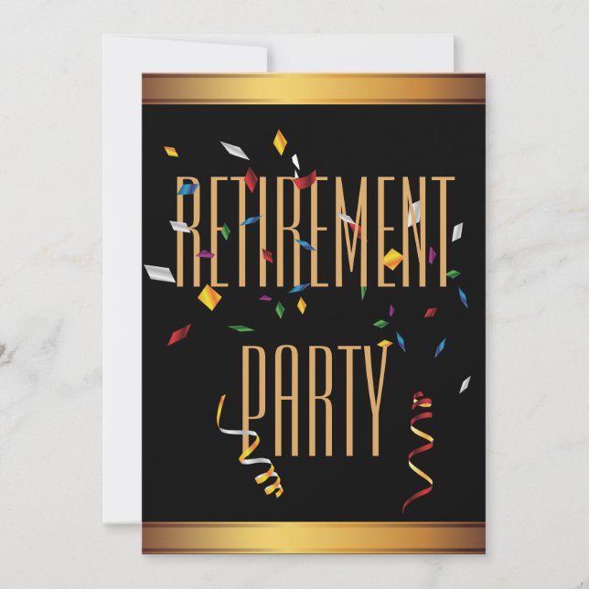 Elegantes Black & Gold Confetti Retirement Party Einladung (Vorderseite)