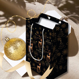 Elegantes Black & Gold Deer Custom Weihnachten Mittlere Geschenktüte
