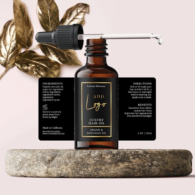 Elegantes Black & Gold Fair Oil Dropper Flaschenet (Elevate your cosmetic bottles with this elegant black & gold dropper bottle wrap around label)
