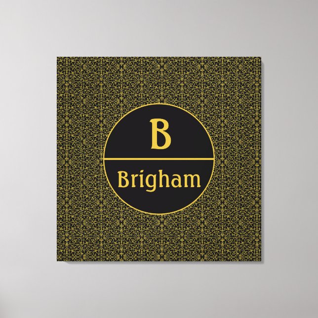 Elegantes Black & Gold Filigree Monogramm Leinwanddruck (Vorderseite)