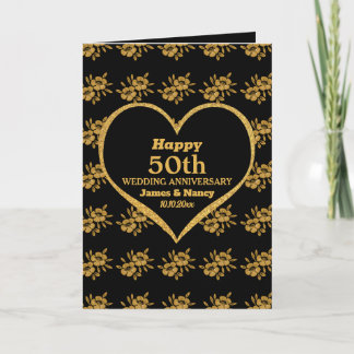 Elegantes Black Gold Floral 50. Hochzeitstag Karte