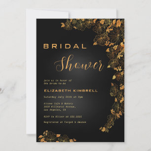Elegantes Black Gold Floral Brautparty Invita Einladung