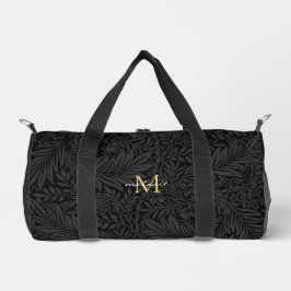 Elegantes Black Gold Floral Script Monogram Duffle Bag