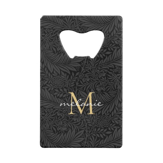 Elegantes Black Gold Floral Script Monogram Geldbeutel Flaschenöffner (Vorderseite)