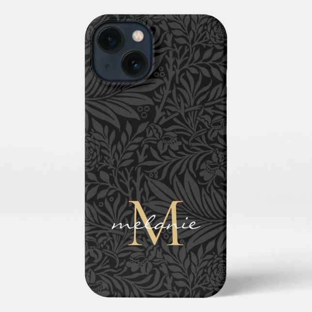 Elegantes Black Gold Floral Script Monogram iPhone Hülle (Rückseite)