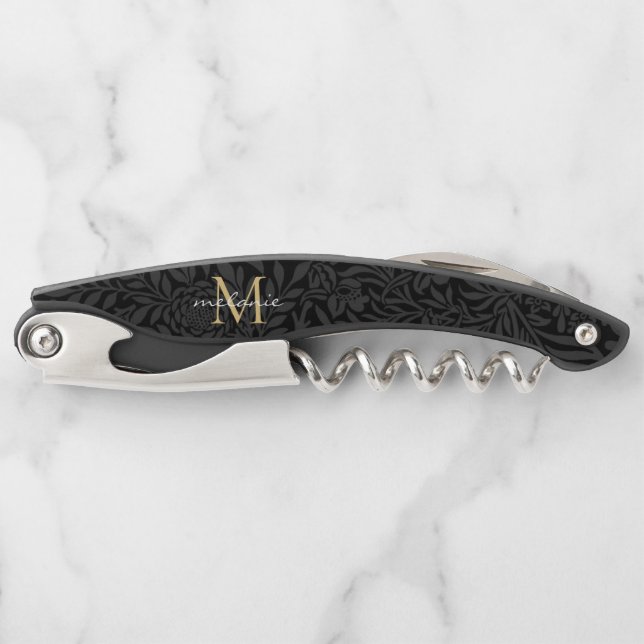 Elegantes Black Gold Floral Script Monogram Kellnermesser (Vorderseite)