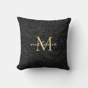 Elegantes Black Gold Floral Script Monogram Kissen