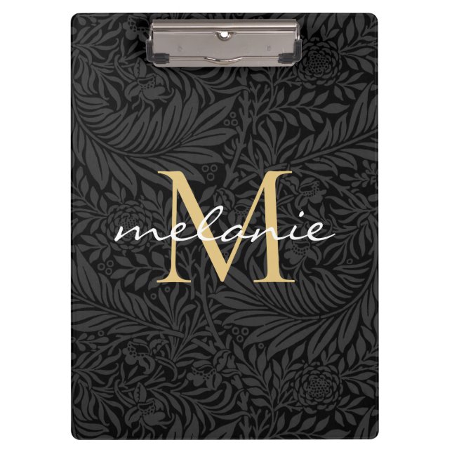 Elegantes Black Gold Floral Script Monogram Klemmbrett (Vorderseite)