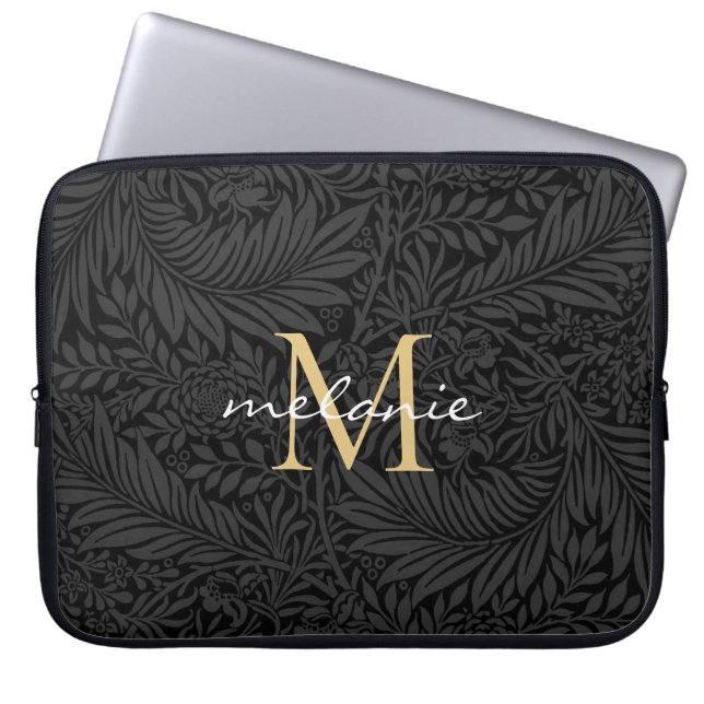 Elegantes Black Gold Floral Script Monogram Laptopschutzhülle (Vorderseite)