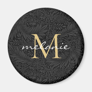 Elegantes Black Gold Floral Script Monogram Magnet