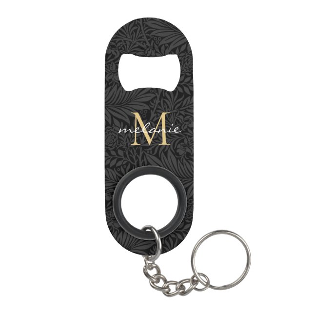 Elegantes Black Gold Floral Script Monogram Mini Flaschenöffner (Rückseite)