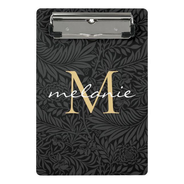 Elegantes Black Gold Floral Script Monogram Mini Klemmbrett (Vorderseite)