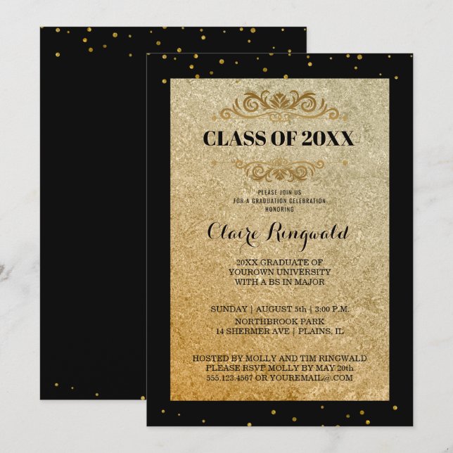 Elegantes Black Gold Formal Uni-Abschluß Party Einladung (Vorne/Hinten)