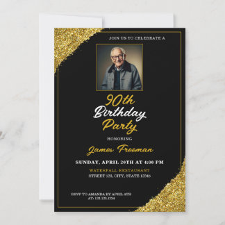 Elegantes Black & Gold Foto 90. Geburtstag Einladung