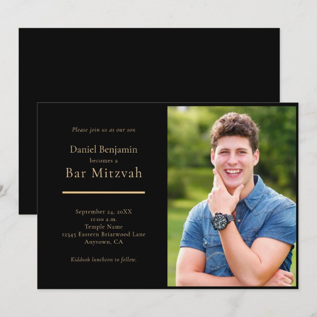 Elegantes Black Gold Foto Bar Mitzvah Einladung (Vorne/Hinten)