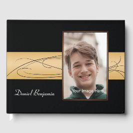 Elegantes Black Gold Foto Bar Mitzvah Gästebuch