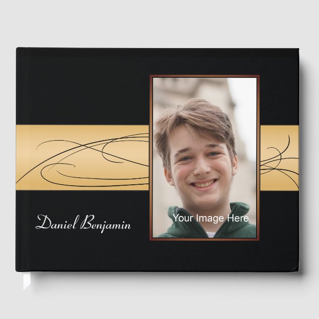 Elegantes Black Gold Foto Bar Mitzvah Gästebuch (Vorderseite)