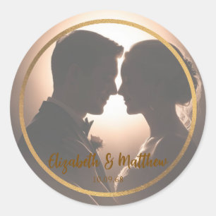 Elegantes Black & Gold Foto Romantische Hochzeit Runder Aufkleber