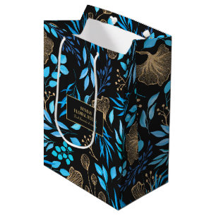 Elegantes Black Gold Ginkgo Floral Business Mittlere Geschenktüte