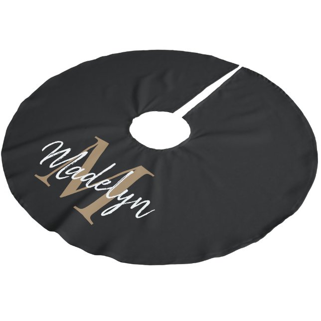 Elegantes Black Gold Girly Monogramm Elegantes Skr Polyester Weihnachtsbaumdecke (Schrägansicht)