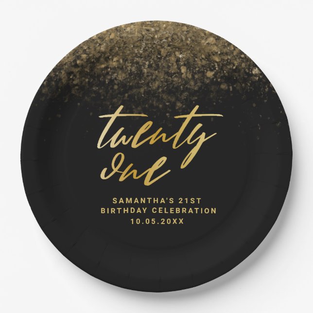Elegantes Black & Gold Glitzer 21. Geburtstag Part Pappteller (Vorderseite)
