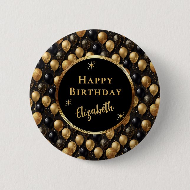 Elegantes Black Gold Glitzer Balloons Muster A021 Button (Vorderseite)