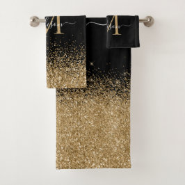 Elegantes Black Gold Glitzer Border Monogram Scrip Badhandtuch Set