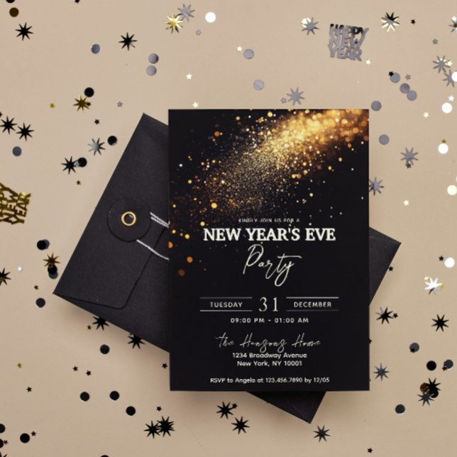 Elegantes Black Gold Glitzer Silvester Party Einladung (Von Creator hochgeladen)