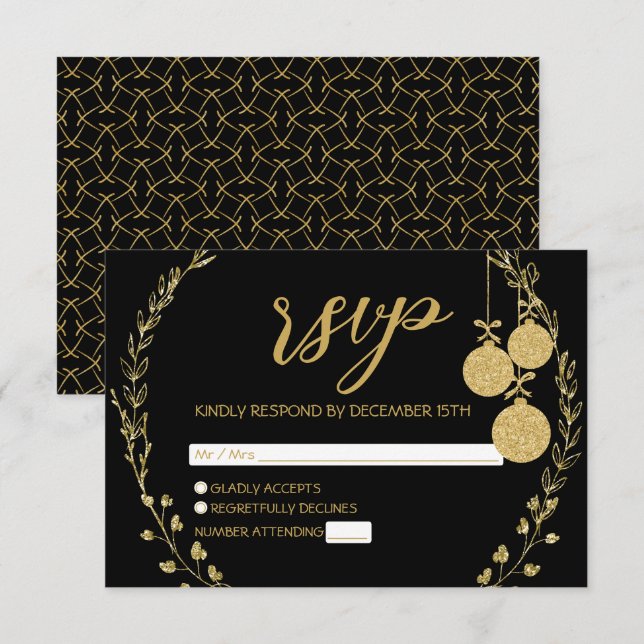 Elegantes Black Gold Glitzer Wreath Party RSVP Karte (Vorne/Hinten)