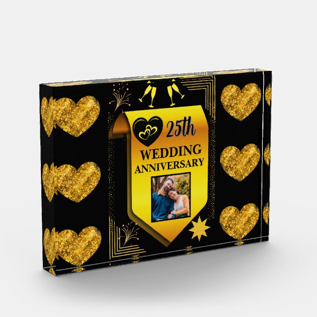 Elegantes Black Gold Heart 25. Hochzeitstag Fotoblock (Links)