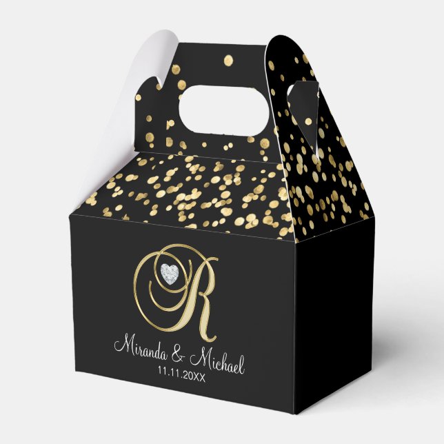 Elegantes Black Gold Heart Monogram R Wedding Gift Geschenkschachtel (Vorderseite)