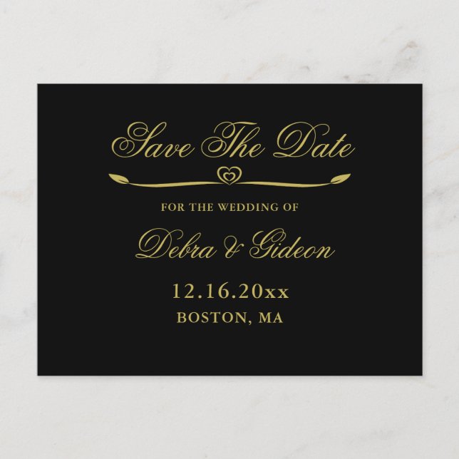Elegantes Black Gold Heart Wedding Save the Date Ankündigungspostkarte (Vorderseite)