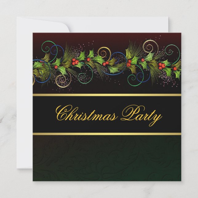 Elegantes Black Gold Holly Weihnachts-Party Einladung (Vorderseite)