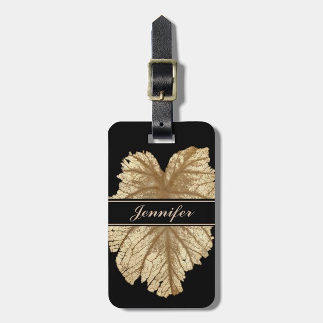 Elegantes Black Gold Leaf Frauen Luxus Personalisi Gepäckanhänger (Vorderseite vertikal)