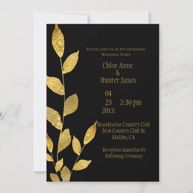 Elegantes Black Gold Leaf Moderne schicke Hochzeit Einladung (Vorderseite)
