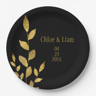 Elegantes Black Gold Leaf Moderne schicke Hochzeit Pappteller