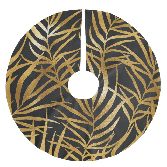 Elegantes Black Gold Leaf Muster Chic Weihnachten Polyester Weihnachtsbaumdecke (Vorderseite)