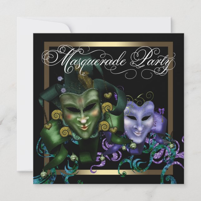 Elegantes Black Gold Lila Masquerade Party Einladung (Vorderseite)