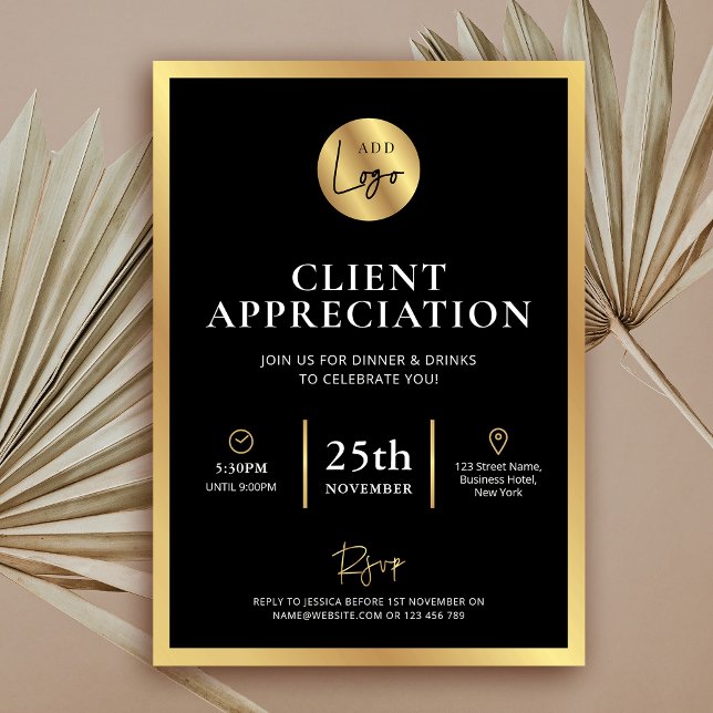 Elegantes Black Gold Logo Client Wertungsereignis Einladung (Elegant black and faux gold business  (client, staff or donor) appreciation event invitation)