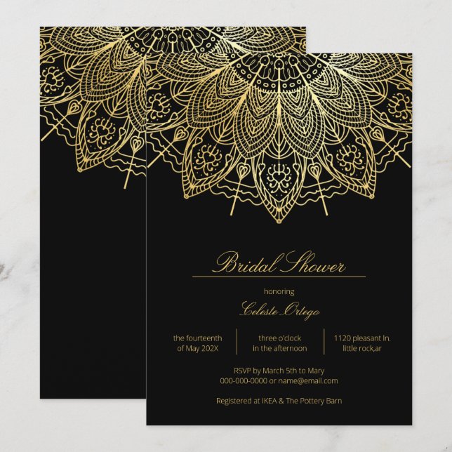 Elegantes Black & Gold Mandala Brautparty Einladung (Vorne/Hinten)