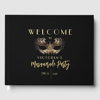 Elegantes Black Gold Masquerade Party Geburtstag Gästebuch