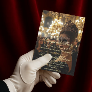 Elegantes Black Gold Masquerade Quinceanera Foto Einladung