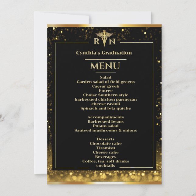 Elegantes Black Gold Medical Abschluss Dinner Menu Einladung (Vorderseite)
